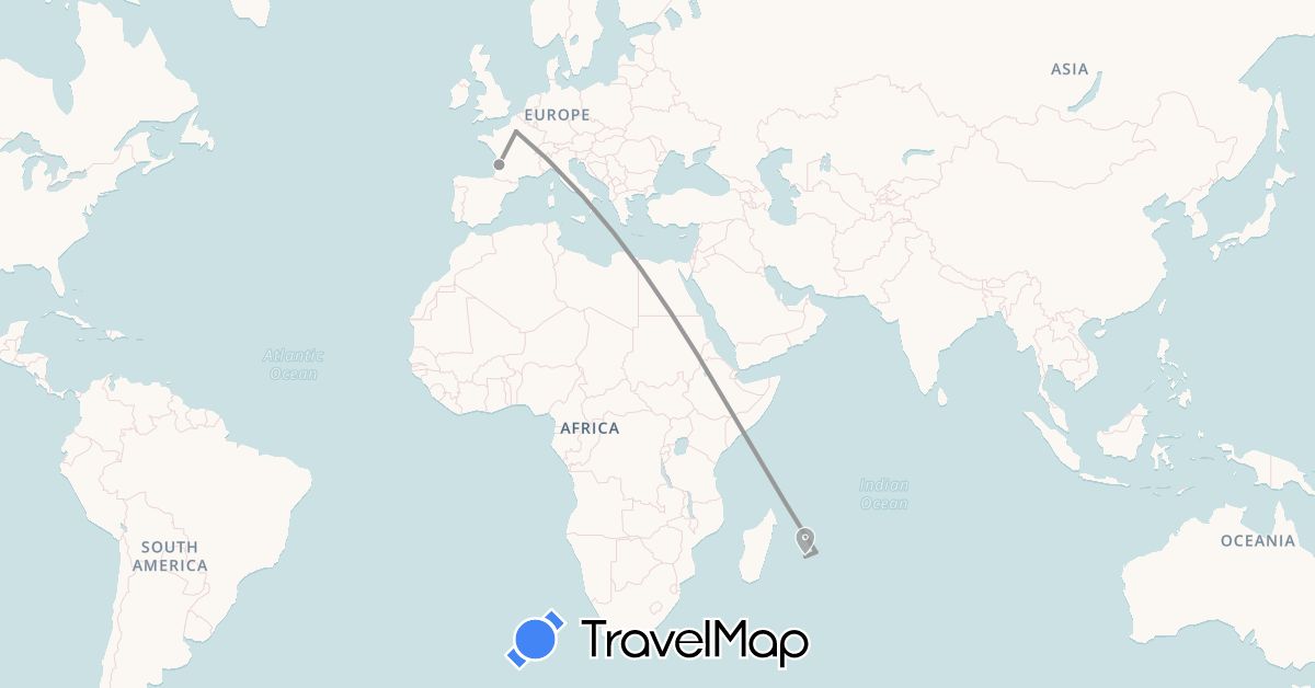 TravelMap itinerary: driving, plane in France, Mauritius, Réunion (Africa, Europe)